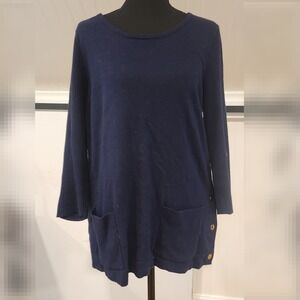 Chicos Navy Blue Cashmere Blend Tunic Sweater Size 1 Ribbed Knit Gold Buttons
